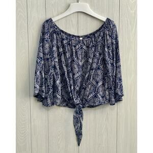 Elan Navy Blue Bandana Print 3/4 Sleeve Tie Front Top Medium NWT
